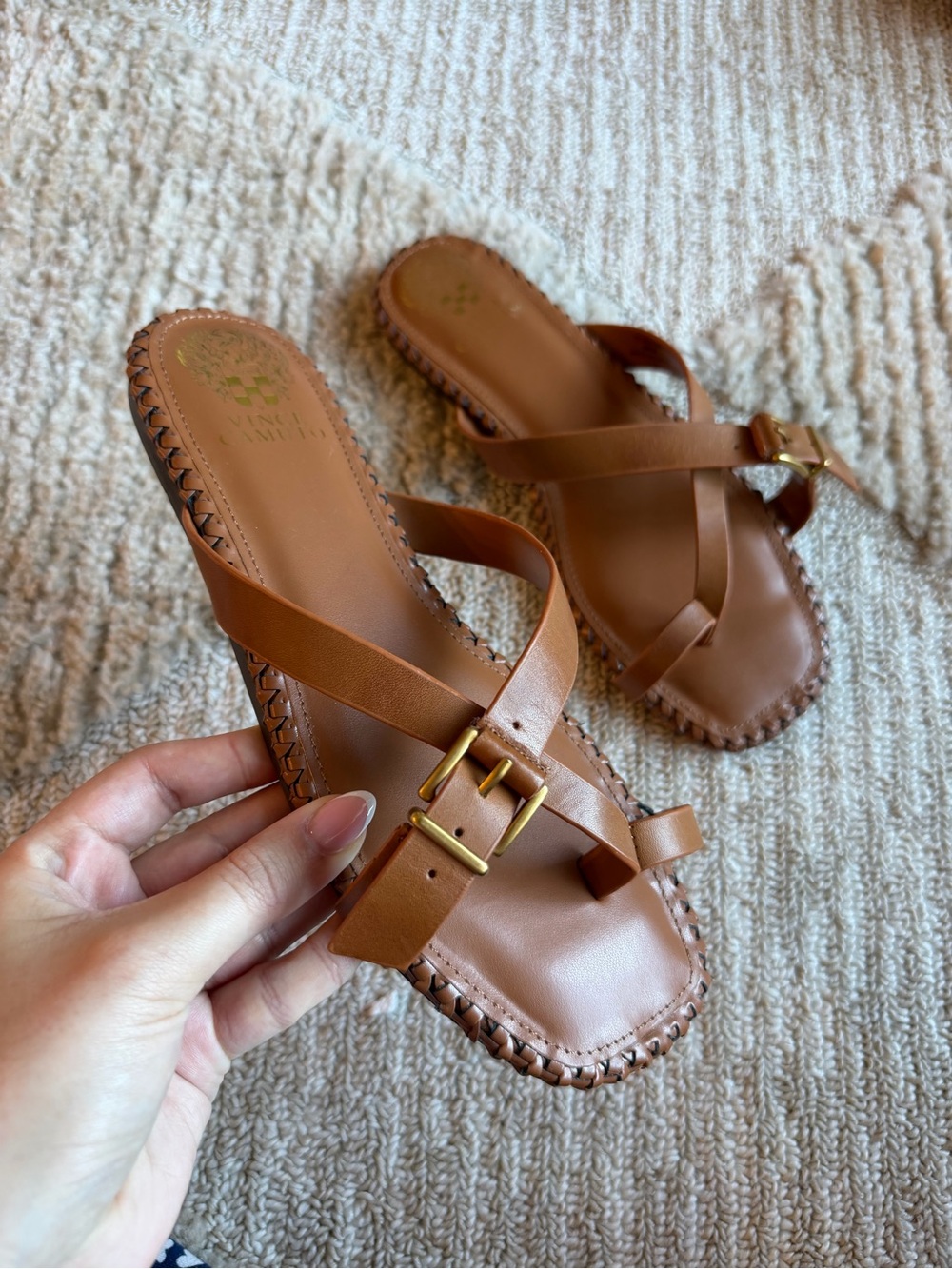 Vince Camuto‎ Tan Leather Cross-Strap Slide Sandals with Gold Buckle